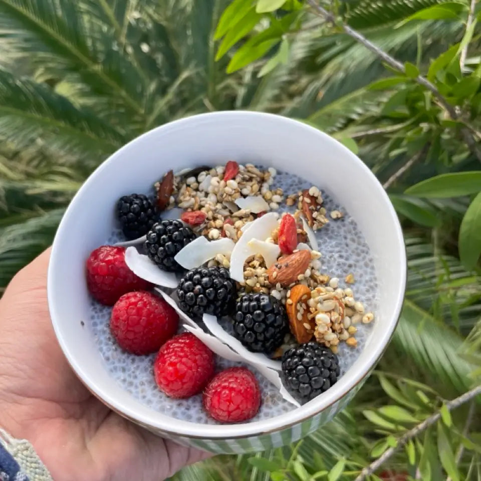 Granola bio amandes & baies de goji Louisette Deschamps, recette artisanale équilibrée et gourmande. Vegan, riche en fibres, sans gluten, sans sucre raffiné.