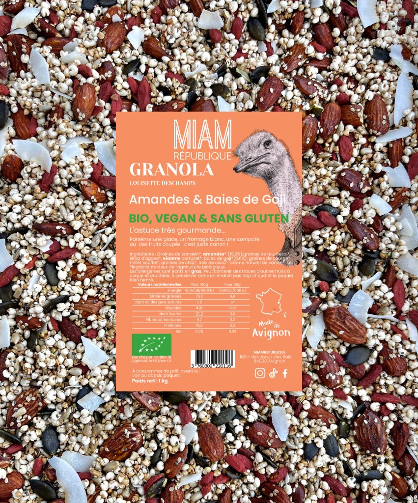 Granola bio amandes & baies de goji Louisette Deschamps, recette artisanale équilibrée et gourmande. Vegan, riche en fibres, sans gluten, sans sucre raffiné.