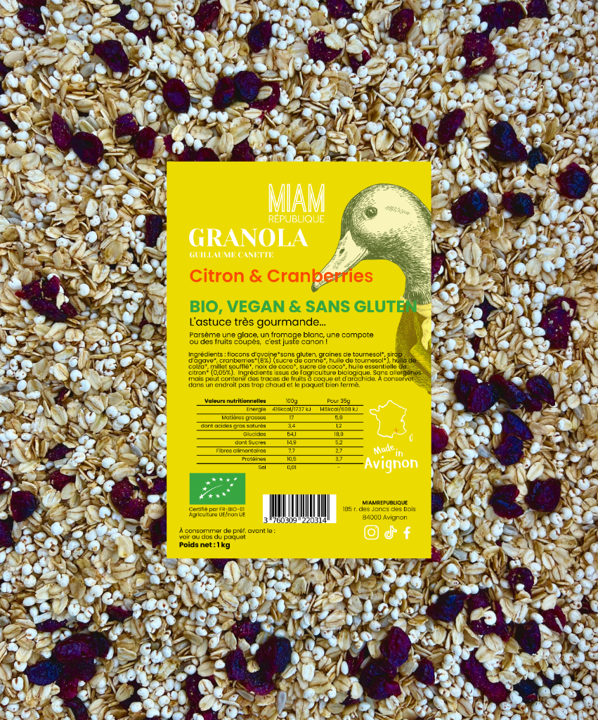 granola artisanal bio citron et cranberries, vegan et sans gluten Miam République