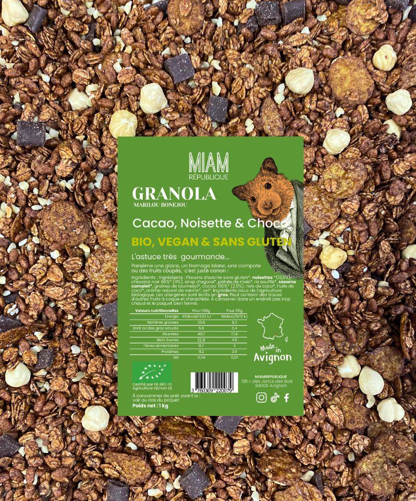 Granola bio chocolat & noisettes Marilou Bonejou, une recette artisanale intensément gourmande. Vegan, riche en fibres, sans gluten, sans sucre raffiné.