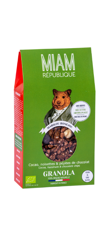Granola bio chocolat & noisettes Marilou Bonejou, une recette artisanale intensément gourmande. Vegan, riche en fibres, sans gluten, sans sucre raffiné.