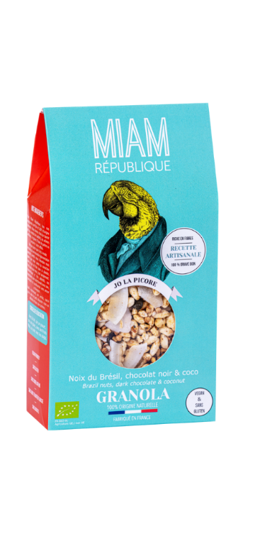 Granola Bio Premium Miam République - Croquez dans un mélange gourmand de noix du Brésil et chocolat noir équitables, avec de la coco fondante.
Bio, vegan, sans gluten, sans sucre raffiné.
Fabriqué en France.