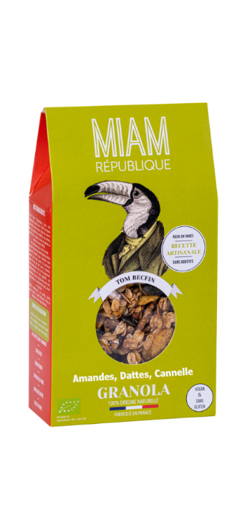 Granola bio artisanal Tom Becfin, Vegan, sans gluten et sain, riche en fibres, amandes et dattes équitables. Parfait au petit-déj ou snack, signé Miam république