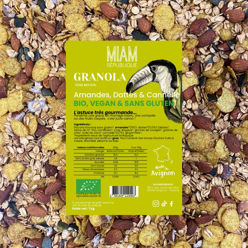 Granola bio artisanal Tom Becfin, Vegan, sans gluten et sain, riche en fibres, amandes et dattes équitables. Parfait au petit-déj ou snack, signé Miam république