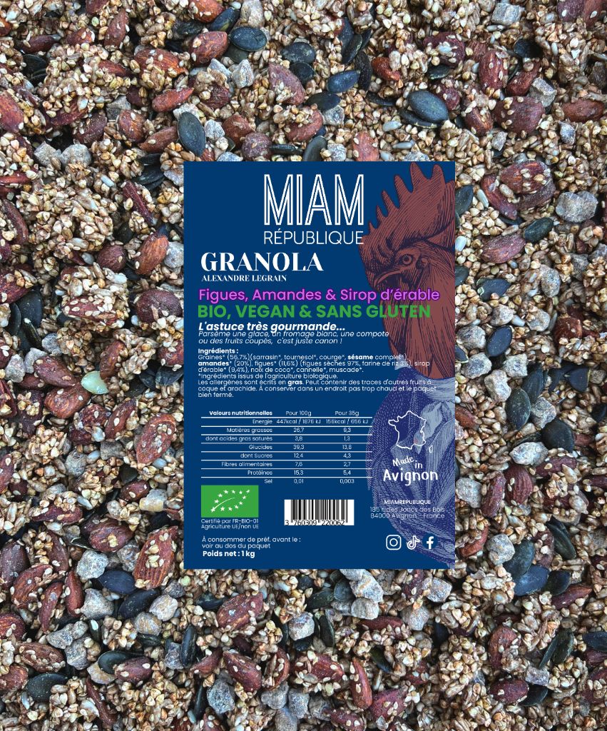 Granola bio sans céréales, figues, amandes & super aliments, Alexandre Legrain, subtillement sucré au sirop d'érable. Recette artisanale vegan, sans gluten, sources de protéines.
