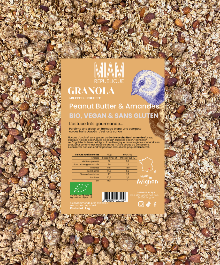 Granola bio peanut butter - amandes, vegan et sans gluten. Recette artisanale française.