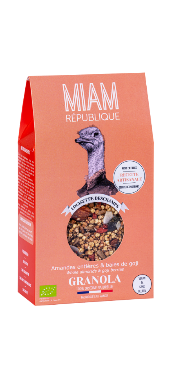 Granola bio amandes & baies de goji Louisette Deschamps, recette artisanale équilibrée et gourmande. Vegan, riche en fibres, sans gluten, sans sucre raffiné.